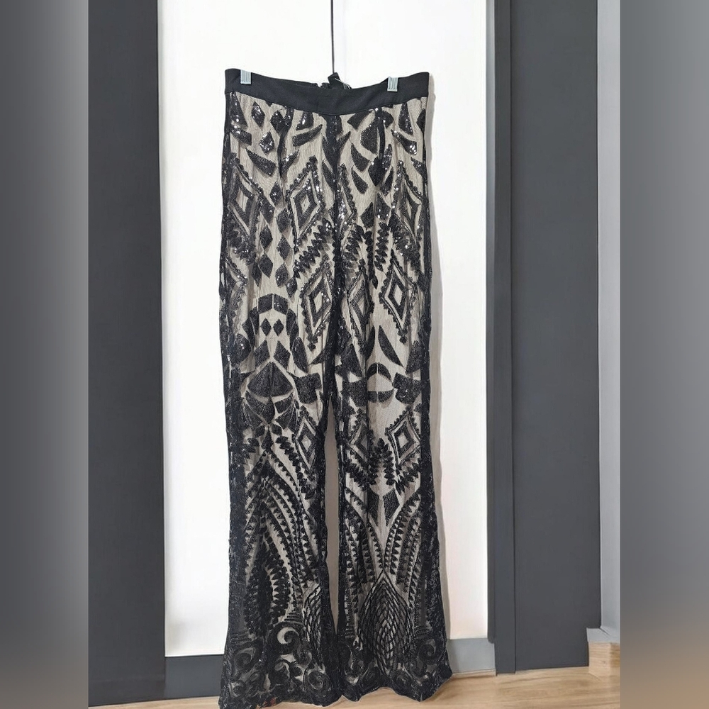 Windsor Black and Cream Sequin Patterned Wide Leg Pants